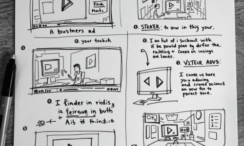 A storyboard with sketches and notes, representing the planning of a video ad