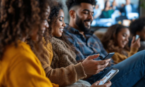 A diverse audience engagely watching a video on multiple devices.