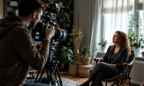 A filmmaker interviewing a woman in her home
