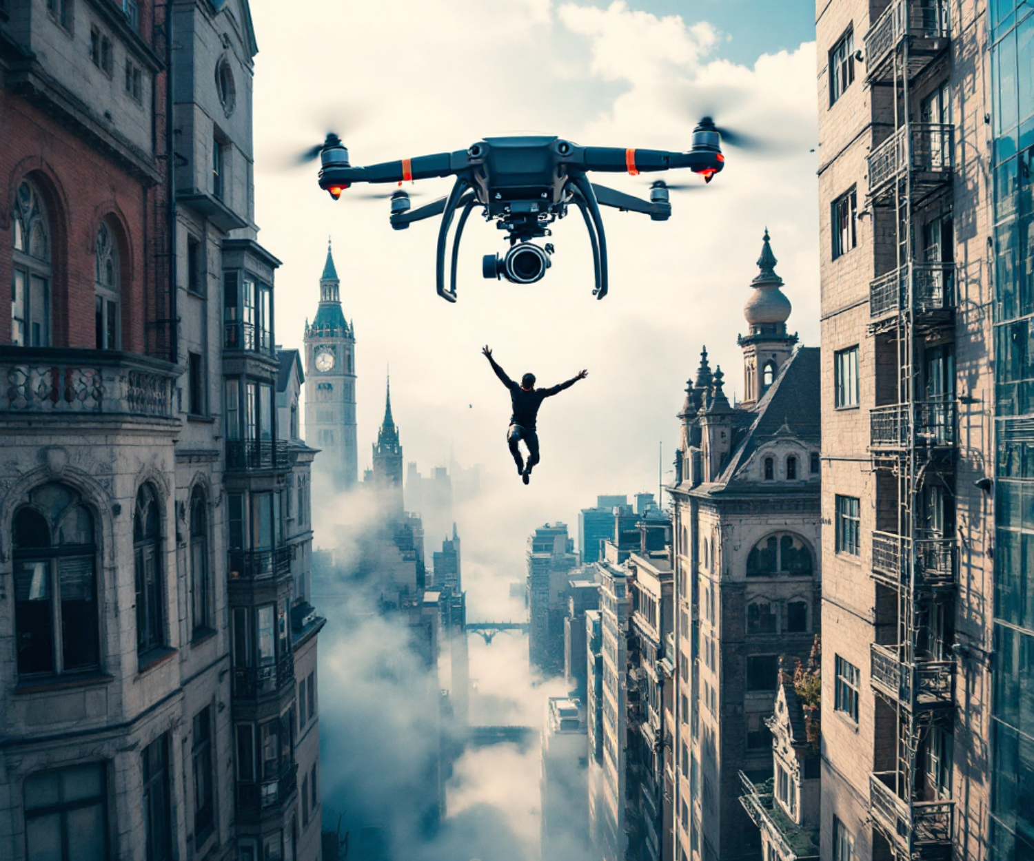 Drone filming action scene with stunt performer leaping between buildings