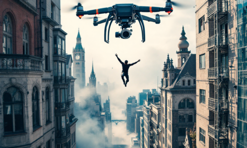 Drone filming action scene with stunt performer leaping between buildings