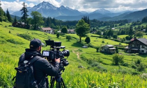 A documentary film crew capturing footage in the field