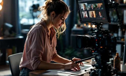 A documentary filmmaker editing footage in a studio