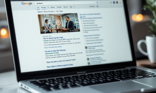 Laptop displaying a search engine results page with a video at the top, illustrating the impact of video on SEO