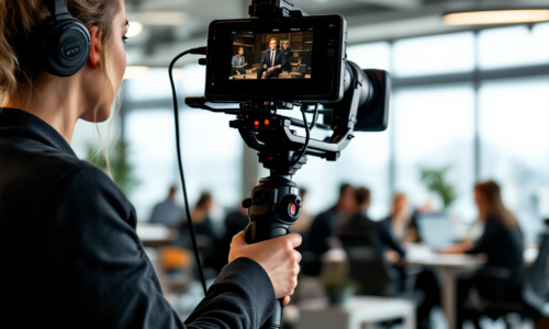 Steadicam operator filming a scene in a corporate office