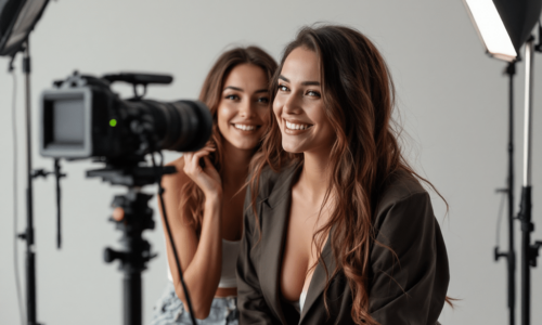 A professional video production setup with cameras and lighting equipment.