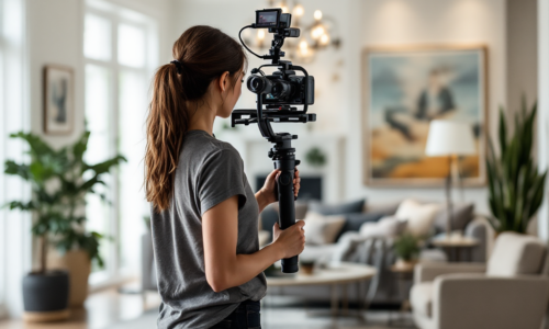 : Professional videographer using gimbal stabilizer filming luxury home interior