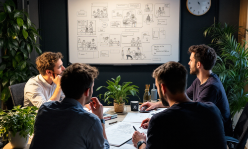 Creative team collaborating on a storyboard