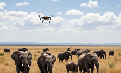 Drone filming a herd of elephants in a remote African savanna • Caption: Drones enable filmmakers to capture wildlife in remote and inaccessible locations