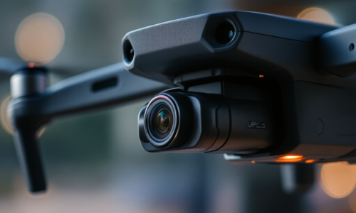 A close-up of a professional-grade drone equipped with a high-resolution camera, showcasing its advanced technology