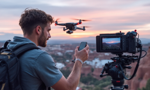 Filmmaker using a drone to capture aerial footage during media production