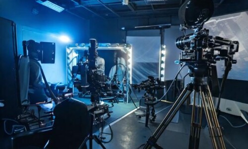 Behind-the-scenes of a video production set with AR technology