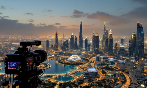 Aerial view of Dubai skyline with video production equipment in foreground