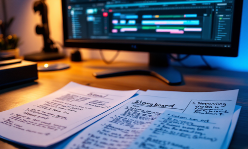 Storyboard and script on a desk with video editing software in the background