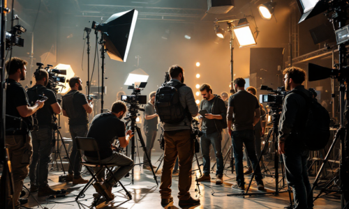 Video production team setting up camera equipment on set Caption: Professional video production in action