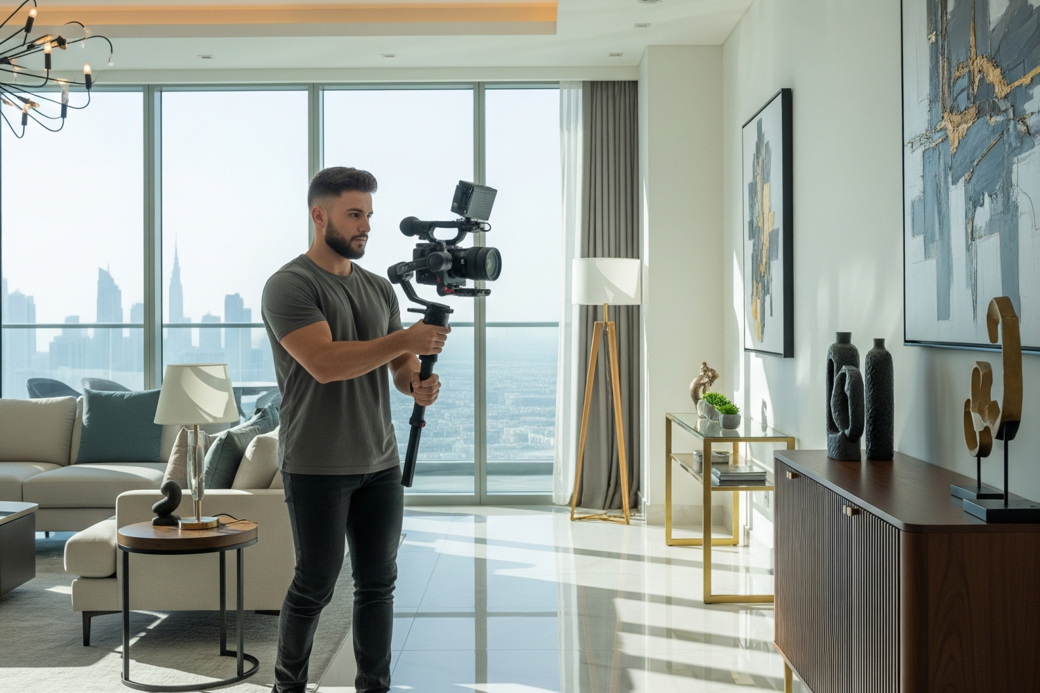 Professional videographer filming luxury apartment interior with Dubai skyline view