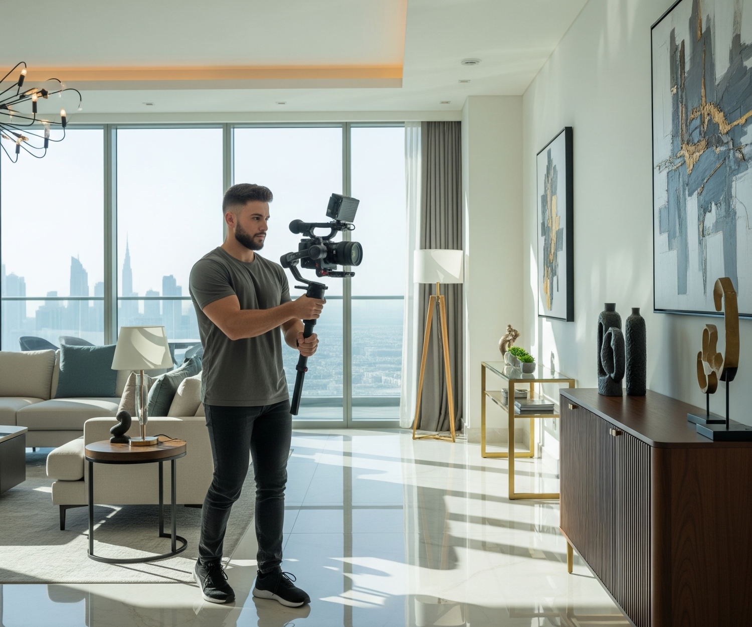 Professional videographer filming luxury apartment interior with Dubai skyline view