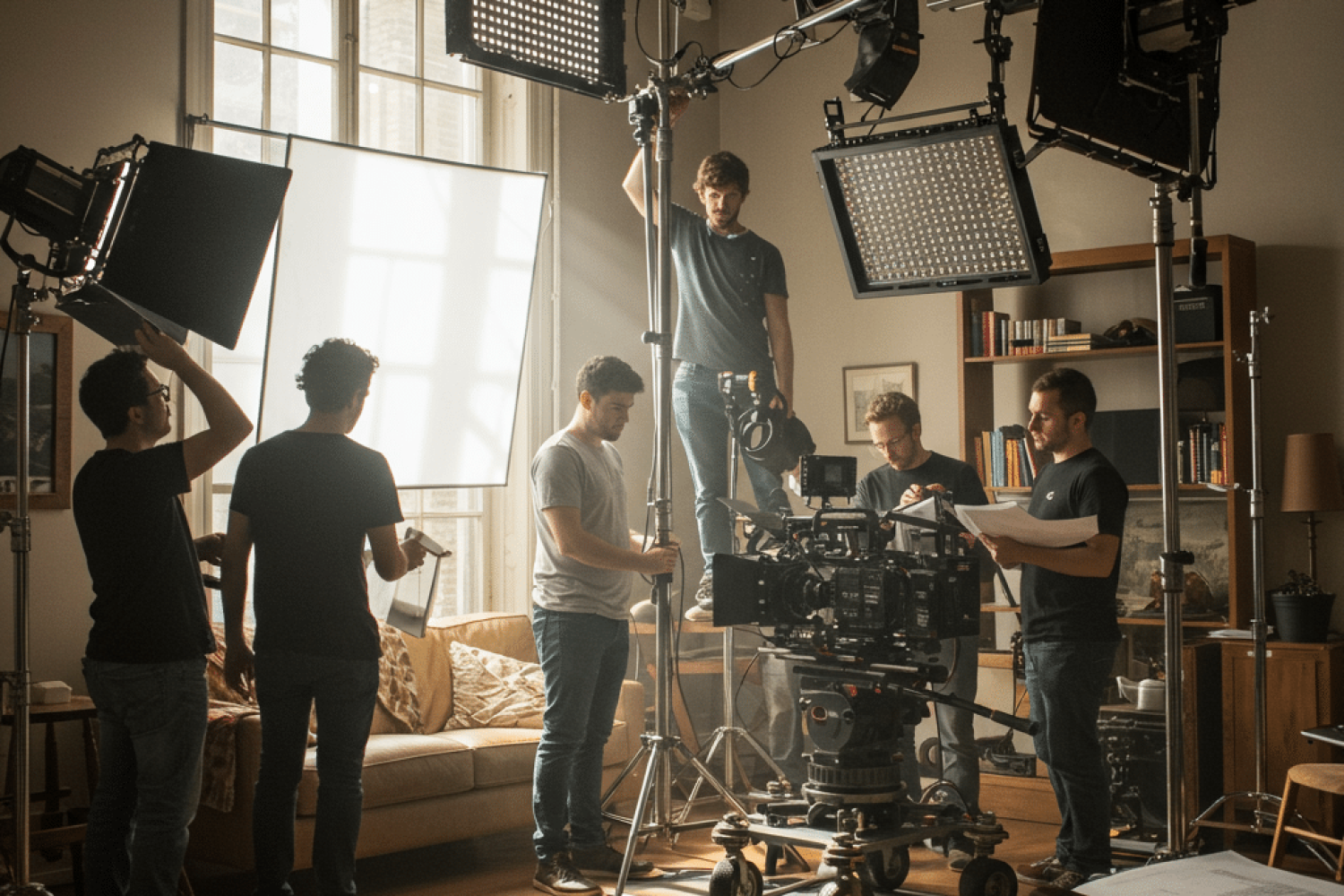 A diverse film crew setting up cameras and lighting on an indoor set, showcasing pre-production and production activity