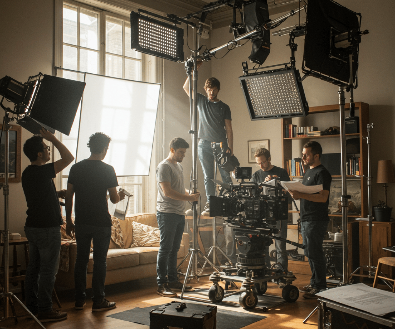 A diverse film crew setting up cameras and lighting on an indoor set, showcasing pre-production and production activity