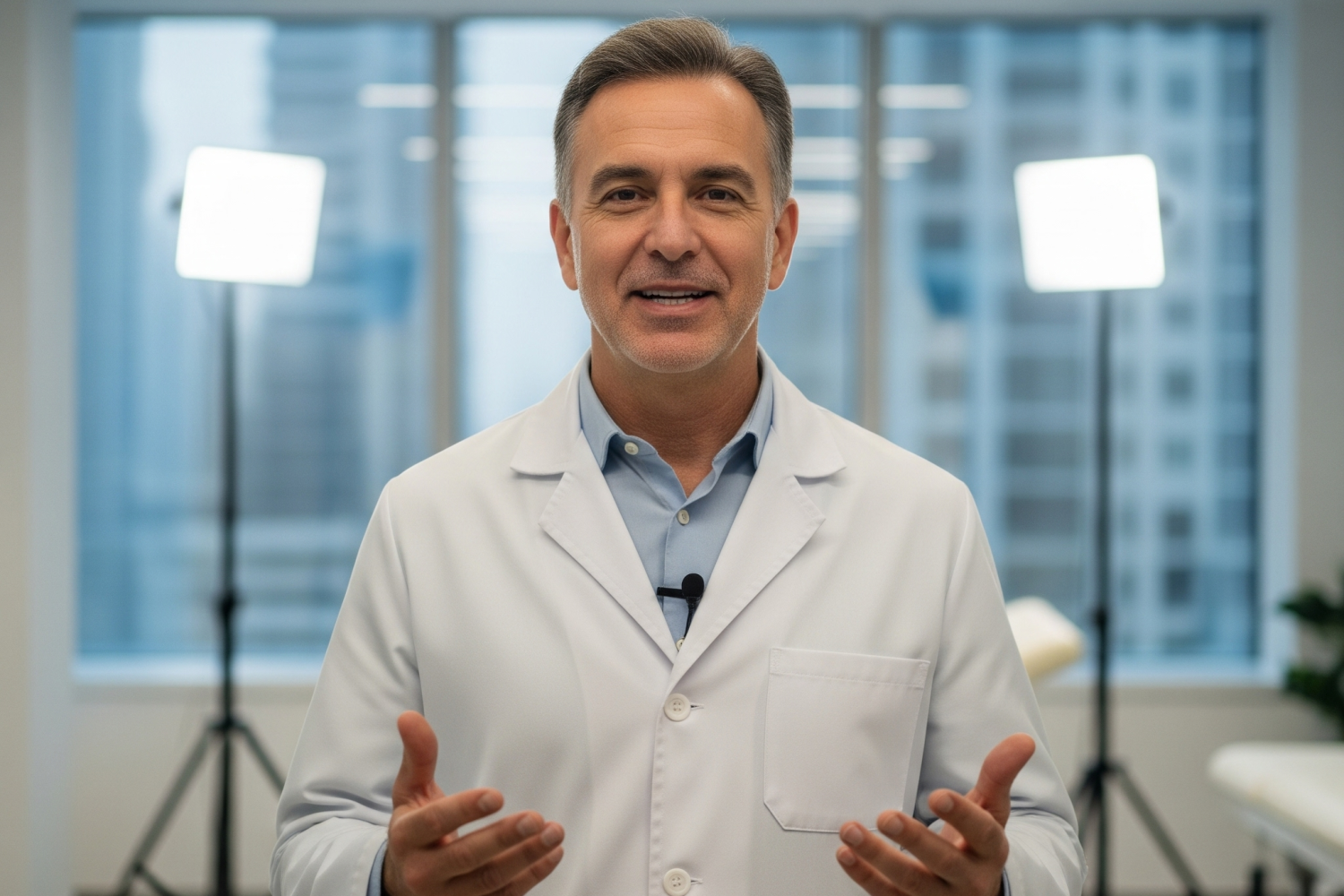 Healthcare professional in Dubai clinic giving summer hydration advice via video