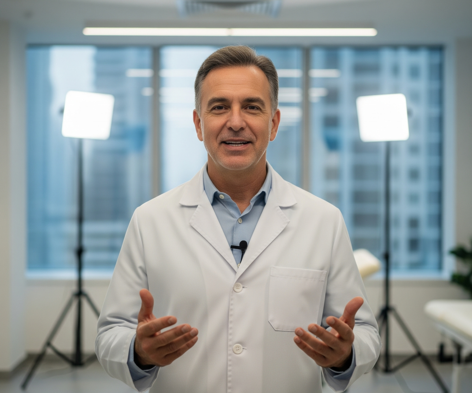 Healthcare professional in Dubai clinic giving summer hydration advice via video