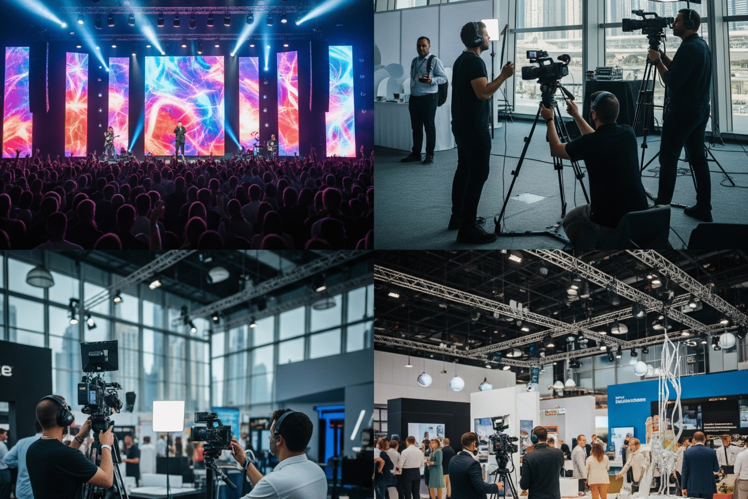 A dynamic wide shot capturing the energy of an indoor concert in Dubai, with a brightly lit stage, a performer in action, and a large, enthusiastic audience visible. Caption: Immersed in the electric atmosphere: capturing the vibrant energy of a live indoor concert in Dubai
