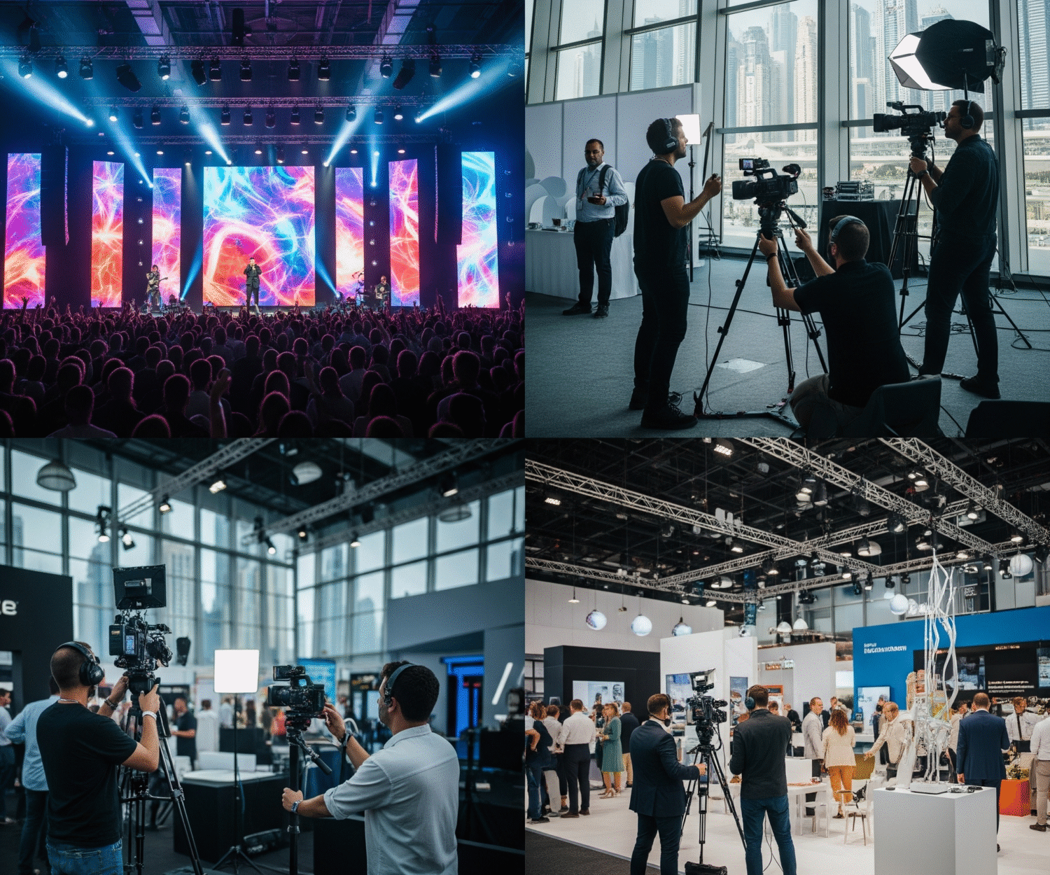A dynamic wide shot capturing the energy of an indoor concert in Dubai, with a brightly lit stage, a performer in action, and a large, enthusiastic audience visible. Caption: Immersed in the electric atmosphere: capturing the vibrant energy of a live indoor concert in Dubai