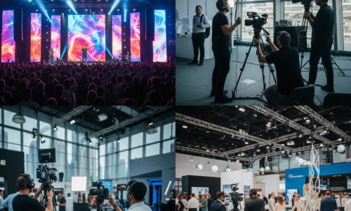 A dynamic wide shot capturing the energy of an indoor concert in Dubai, with a brightly lit stage, a performer in action, and a large, enthusiastic audience visible. Caption: Immersed in the electric atmosphere: capturing the vibrant energy of a live indoor concert in Dubai